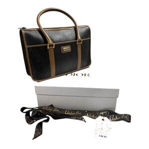 Christian Dior Black x Brown Monogram Trotter Honeycomb Boston Bag Vtg Box Gift